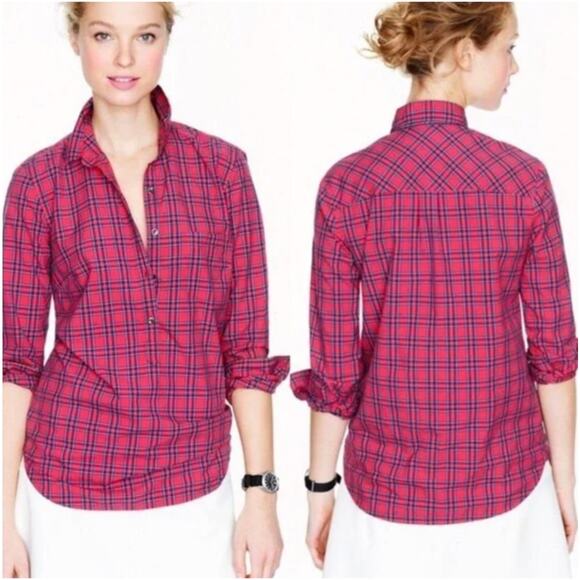 J. Crew Tops - J. Crew Tartan Plaid Cotton Collared Popover Top Blouse In Red Size 0